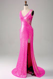 Sparkly Hot Pink Mermaid Prom Dress with Slit