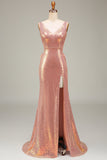 Sparkly Hot Pink Mermaid Prom Dress with Slit