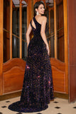 Sparkly Mermaid One Shoulder Black Sequins Long Prom Dress with Slit