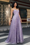 Lilac Princess A Line Spaghetti Straps Long Corset Prom Dress With Beading