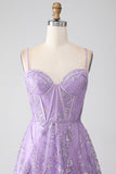 A-Line Spaghetti Straps Lilac Corset Prom Dress with Sequins