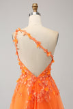 Orange One Shoulder A-Line Tulle Long Prom Dress with Appliques