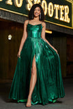 Sparkly Dark Green A Line Long Corset Prom Dress With Slit