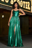 Sparkly Dark Green A Line Long Corset Prom Dress With Slit