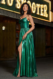 Sparkly Dark Green A Line Long Corset Prom Dress With Slit