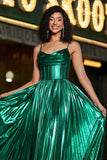 Sparkly Dark Green A Line Long Corset Prom Dress With Slit