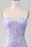 Lilac Sheath Strapless Corset Prom Dresses With Lace Appliques