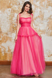 Princess A Line Spaghetti Straps Fuchsia Long Prom Dress with Ruffles