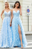 Charming A Line Spaghetti Straps Sky Blue Long Prom Dress with Split Front