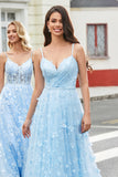 Charming A Line Spaghetti Straps Sky Blue Long Prom Dress with Split Front