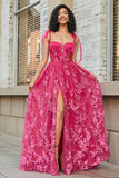 Hot Pink A Line Spaghetti Straps Tulle Long Prom Dress With Slit