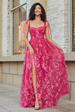 Hot Pink A Line Spaghetti Straps Tulle Long Prom Dress With Slit