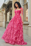 Hot Pink A Line Spaghetti Straps Tulle Long Prom Dress With Slit