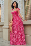 Hot Pink A Line Spaghetti Straps Tulle Long Prom Dress With Slit