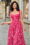 Hot Pink A Line Spaghetti Straps Tulle Long Prom Dress With Slit