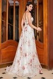 Embroidered Ivory Flower Long Corset Prom Dress with Slit