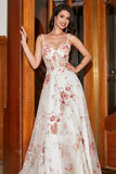 Embroidered Ivory Flower Long Corset Prom Dress with Slit