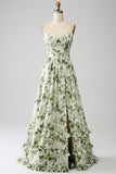 Green A-Line Spaghetti Straps Corset Floral Bridesmaid Dress With Slit