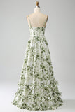 Green A-Line Spaghetti Straps Corset Floral Bridesmaid Dress With Slit