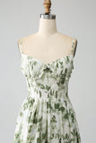 Green A-Line Spaghetti Straps Corset Floral Bridesmaid Dress With Slit