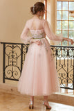 A Line Jewel Light Nude Tea Length Prom Dress with Long Sleeves