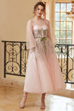 A Line Jewel Light Nude Tea Length Prom Dress with Long Sleeves