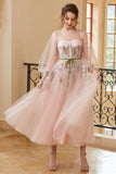 A Line Jewel Light Nude Tea Length Prom Dress with Long Sleeves