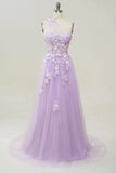 Elegant A Line One Shoulder Purple Long Prom Dress with Appliques