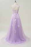 A Line One Shoulder Sky Blue Long Prom Dress with Appliques