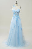 A Line One Shoulder Sky Blue Long Prom Dress with Appliques