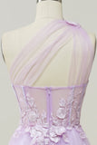 Elegant A Line One Shoulder Purple Long Prom Dress with Appliques