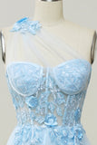 A Line One Shoulder Sky Blue Long Prom Dress with Appliques