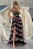 Glitter Black Pink A-Line Tiered Long Prom Dress With Lace