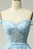 Princess A Line Off the Shoulder Blue Long Prom Dress with Appliques