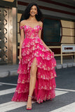 Fuchsia A Line Off the Shoulder Long Corset Prom Dress With Slit