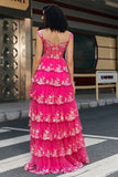 Fuchsia A Line Off the Shoulder Long Corset Prom Dress With Slit