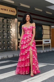 Fuchsia A Line Off the Shoulder Long Corset Prom Dress With Slit