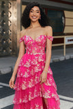 Fuchsia A Line Off the Shoulder Long Corset Prom Dress With Slit