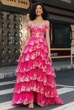 Fuchsia A Line Off the Shoulder Long Corset Prom Dress With Slit