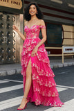 Fuchsia A Line Off the Shoulder Long Corset Prom Dress With Slit