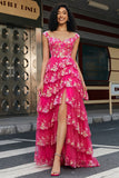 Fuchsia A Line Off the Shoulder Long Corset Prom Dress With Slit