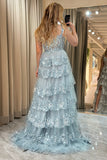 Sparkly Silver Tiered A-Line Long Prom Dress with Lace