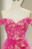 Glitter Fuchsia A Line Long Tiered Corset Prom Dress With Lace