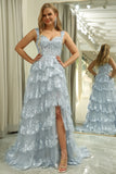 Sparkly Silver A Line Long Corset Prom Dress With Lace