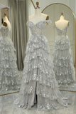 Sparkly Silver A-Line Long Corset Tiered Prom Dress With Lace