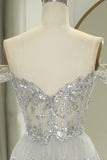 Sparkly Silver A-Line Long Corset Tiered Prom Dress With Lace