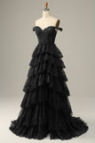 Black Off The Shoulder Tiered Prom Dress