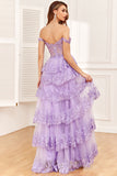 Fuchsia A Line Off the Shoulder Long Corset Prom Dress With Slit