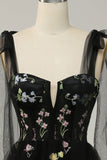 A Line Spaghetti Straps Black Corset Prom Dress with Embroidery