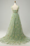 Green Tulle A Line Corset Plus Size Prom Dress with Embroidered